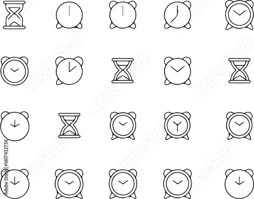 Collection of black and white line art icons of hourglasses and alarm clocks time sand timer