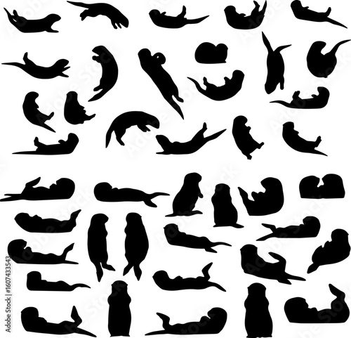 A collection of otter silhouettes in various poses, including swimming, lying down, standing, and playing, displayed against a white background.