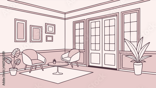 Interior view of a living room with furniture, plants, and framed pictures on the wall design style