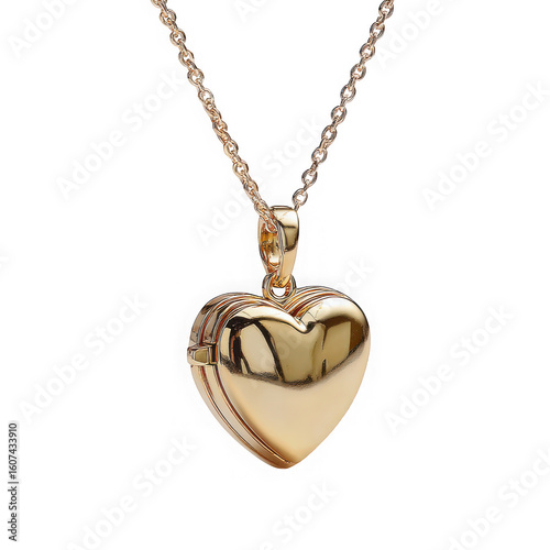 A single elegant gold heart locket on a delicate chain, presented on a transparent background