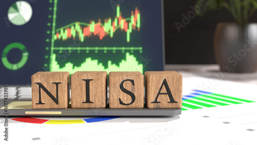 NISAを表す木製ブロックと株式チャートで資産形成や投資のイメージを表現したイラスト
