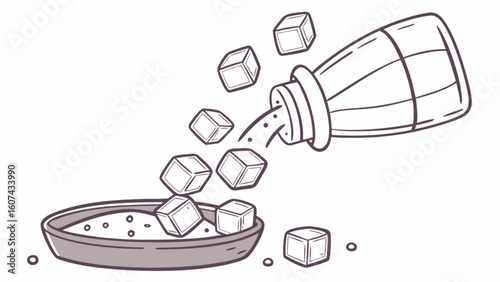 Sugar cubes pouring from a dispenser into a dish filled with sugar granules in a black and white drawing