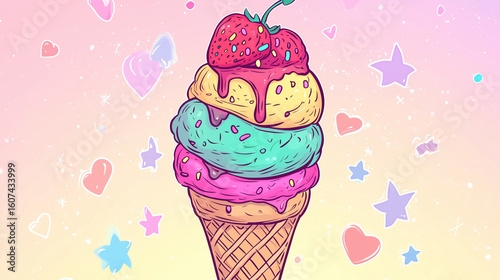 Illustration of a colorful ice cream cone with three scoops--strawberry, mint, and chocolate--stacked high in a crisp waffle cone.