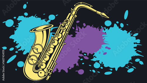 Golden saxophone with blue and purple paint splashes on dark background illustration design art
