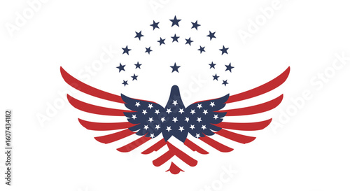 Majestic eagle with expansive wings adorned in American flag stars and stripes, soaring proudly amidst a constellation of stars, symbolizing freedom and national pride.