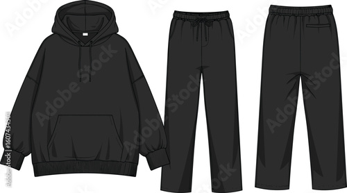 Black hoodie and sweatpants outfit on white background, casual apparel set for fashion, sportswear, loungewear, modern minimalist clothing, front and rear view