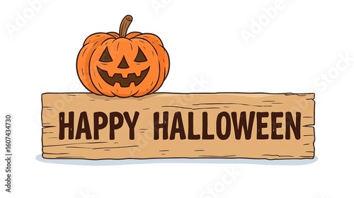Cheerful Halloween pumpkin displayed on rustic wooden sign with festive greeting in vibrant autumn colors at a seasonal celebration
