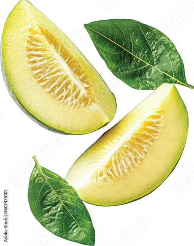 Fresh melon slices with green leaves fruit