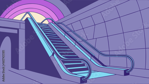 A view of an escalator in an underground station with a tunnel and a rainbow archway design above
