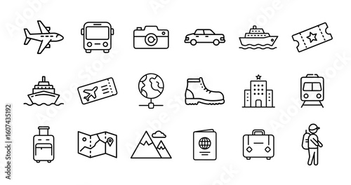 Travel and tourism icon set. Vector black glyph icons of airplane, train, cruise ship, passport, suitcase, hiking, map, hotel, boarding pass, tourist, and more.