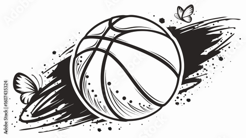 Illustration of a basketball with black ink splatter and two butterflies on a white background design