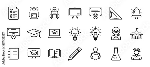 Education and school icon set. Vector black glyph icons of student, teacher, graduation cap, backpack, test paper, online class, school building, idea, reading, and more.