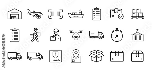 Logistics and shipping icon set. Vector black glyph icons of warehouse, cargo ship, delivery truck, barcode, courier, package tracking, fragile symbol, pallet, drone delivery, order confirmation, and 