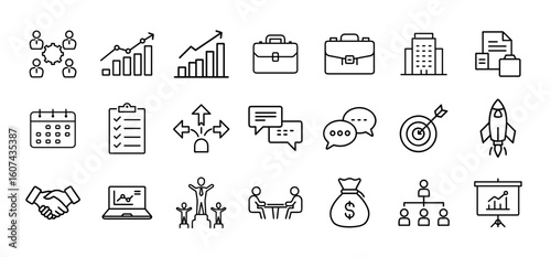 Business and office management icon set. Vector black glyph icons of teamwork, leadership, discussion, growth chart, calendar, target, checklist, meetings, planning, and more.