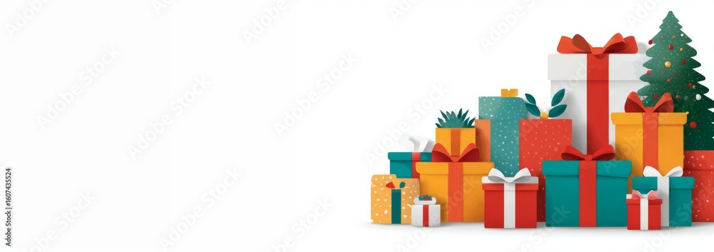 Obraz premium Christmas gifts and a Christmas tree on a white background. Ideal for illustrating holiday promotions, giveaways, celebrations and the Christmas season, with plenty of space for text or branding.