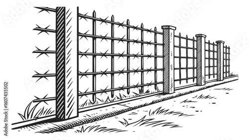 Illustration of a long barbed wire fence with concrete posts and grass at the bottom edge