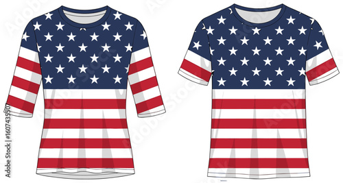 American flag design shirts, stars and stripes pattern, casual patriotic apparel set with short and three-quarter sleeves, front and rear views, bold festive clothing