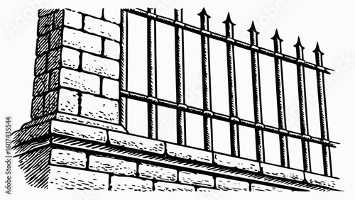 Illustration of a brick wall with a wrought iron fence featuring pointed finials and horizontal rails