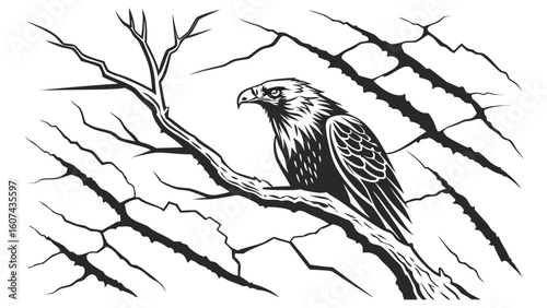 Eagle perched on a branch with bare tree limbs in a monochrome black and white illustration style