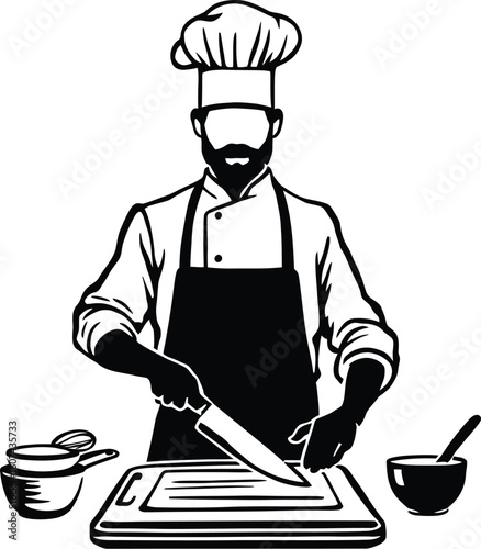 A stylized black and white illustration of a chef in action.