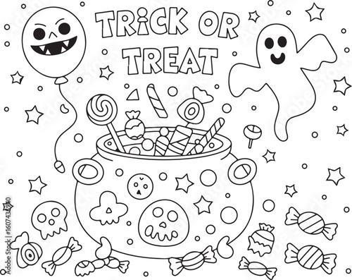 Halloween trick or treat scene with cauldron ghost and balloon vector