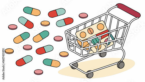 Online pharmacy shopping cart with medicine pills tablets and capsules for healthcare and treatment needs