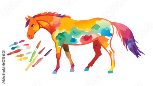 Watercolor horse painting vibrant colors equine art illustration brushes and paint artistic design image