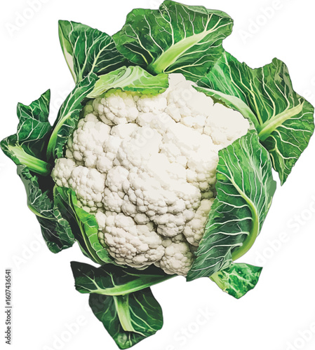 Fresh whole cauliflower with green leaves white vegetable