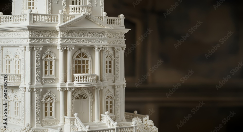 Fototapeta premium Elaborate White Wedding Cake Resembling a Victorian Mansion Architecture