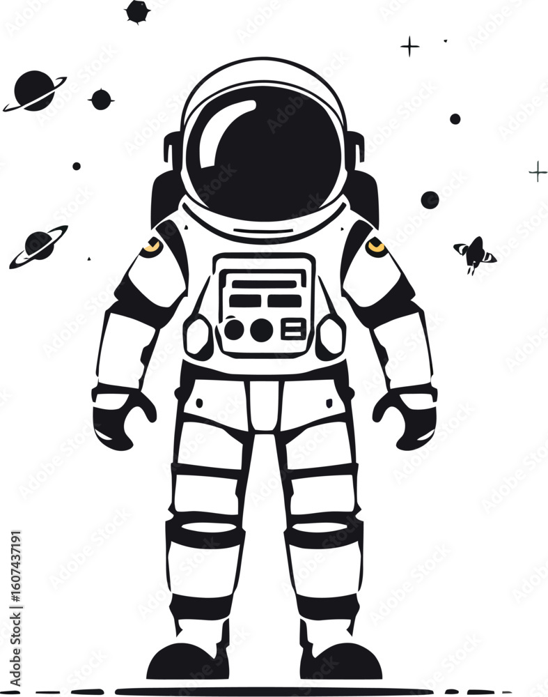 Fototapeta premium A bold, minimalist black and white illustration of an astronaut in a spacesuit.