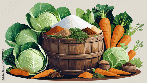Fresh vegetables and spices displayed in a wooden barrel, featuring cabbage and carrots