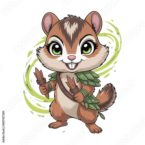 An agile chibi chipmunk with glowing lime eyes, twin chakrams made of sharpened bark and thorn edges strapped to its sides.