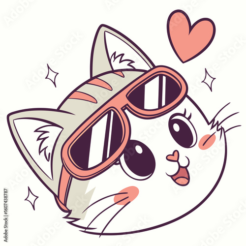 Cat wearing sunglasses eyeglasses.Cute cartoon funny character. Kitten in eyeglasses