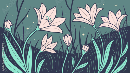 Illustration of blooming flowers in soft pastels against a dark background  