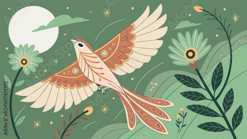 Stylized bird flying among flowers and moon in green landscape  