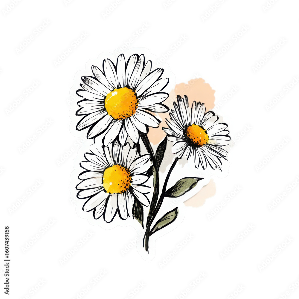 Fototapeta premium Hand drawn artistic daisies with yellow centers isolated on transparent background