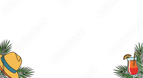 Tropical vacation elements with hat and cocktail on white background  