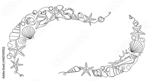 Line art of seashells and starfish frame on white background  
