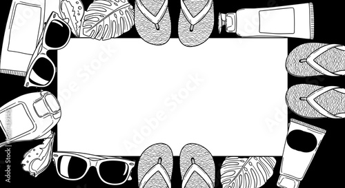 Beach vacation essentials with sunglasses and flip-flops on black background  
