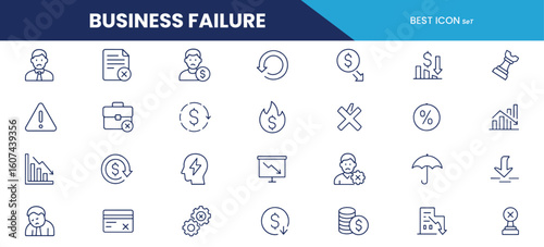 Business Failure Line Icons – Bankruptcy, Financial Loss, Decline Charts, Crisis Management, and Risk Symbols