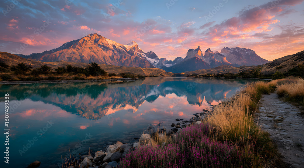 Naklejka premium Torres del paine sunset reflection in turquoise lake