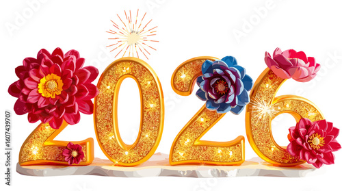 2026 celebration display with colorful flowers and sparkles  
