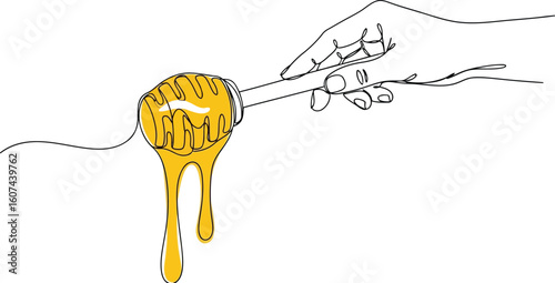One Line Art Hand Holding Honey Dipper with Drips - Sweet Food Graphic