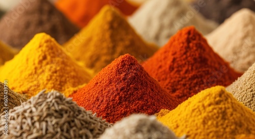 Fototapeta Naklejka Na Ścianę i Meble -  Vibrant mounds of assorted spices, showcasing textures and colors in a close-up shot