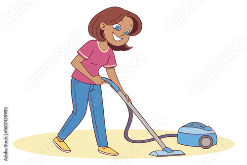 Smiling woman with brown hair vacuuming blue floor cleaner cartoon illustration