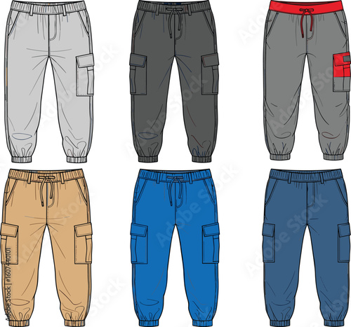 Assorted pants set with various colors and styles, elastic cuffs, pockets, waistband details, casual fashion apparel collection flatlay, front views in neutral tones