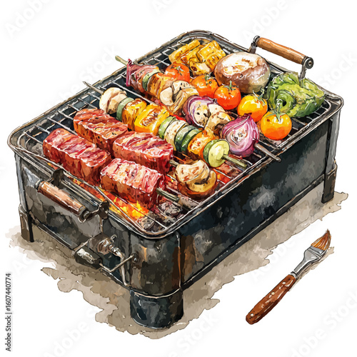 Grilled meat and shish kebabs cooking over a hot summer barbecue fire