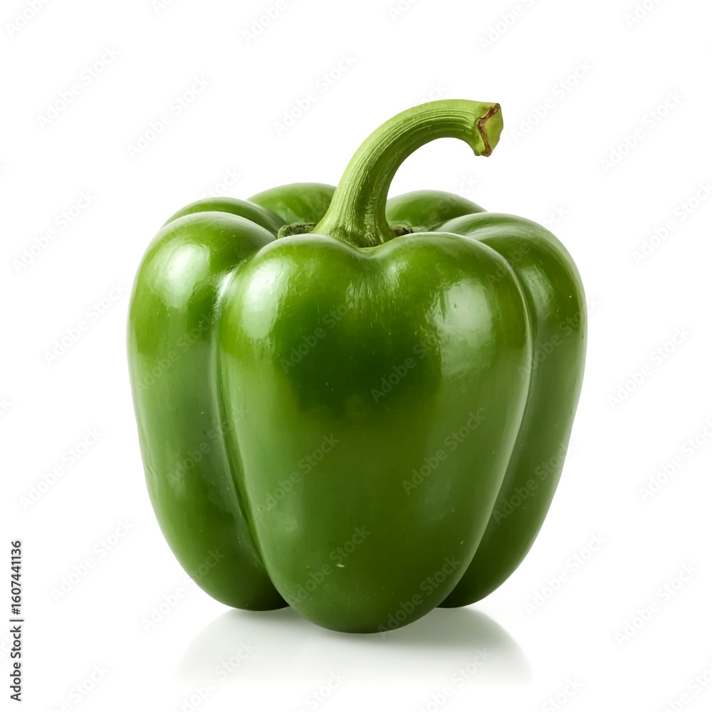 This image features a fresh glossy green bell pepper showcasing its characteristic lobed shape and stem against a pure white backdrop This image features a fresh glossy green bell pepper showcasing its characteristic lobed shape and stem against a pure white backdrop