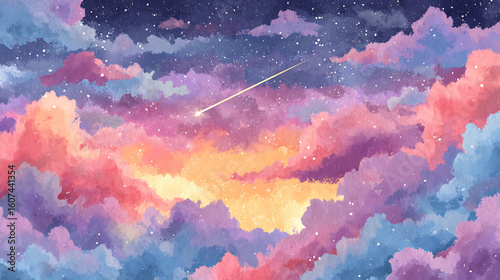 Vibrant watercolor sky with a shooting star and fluffy clouds cosmic