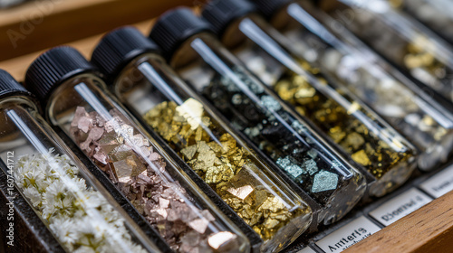 Clusters of rare earth element samples, from cerium to yttrium, displayed in polished crystal vials with scientific labels, under clinical white light
